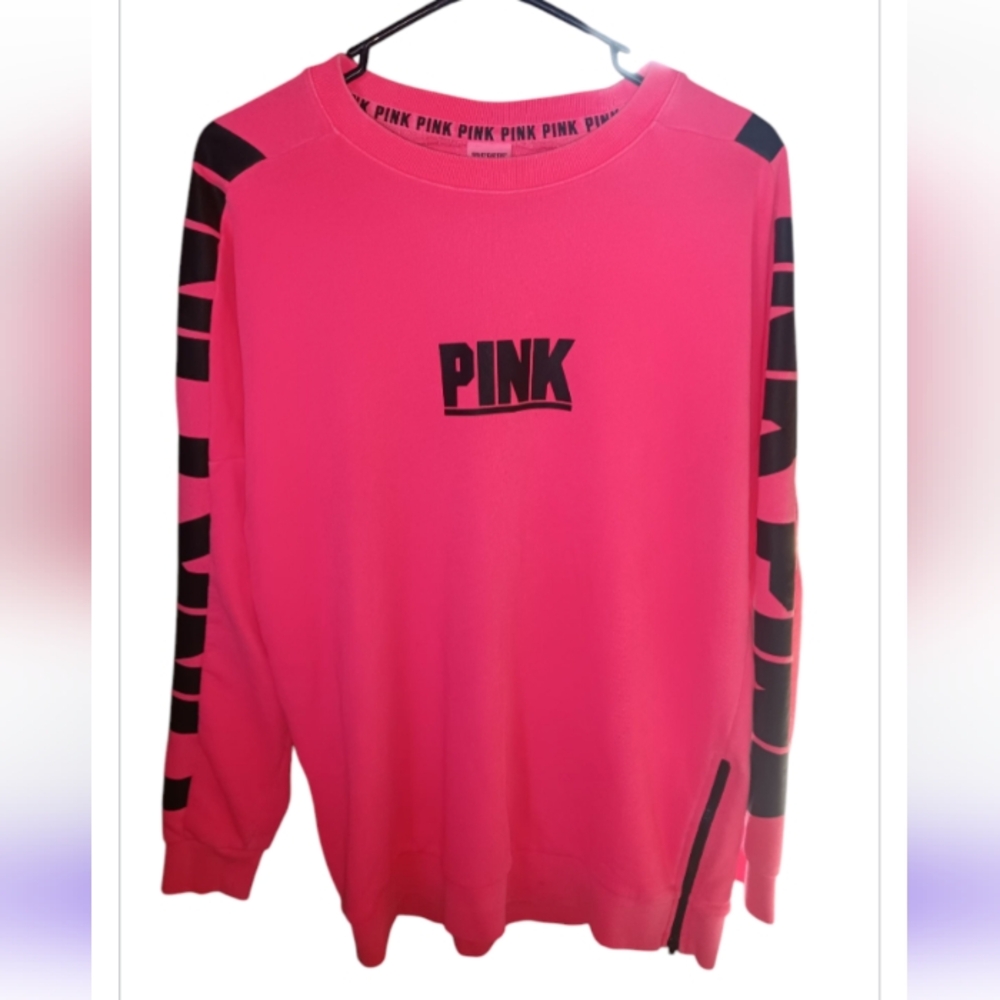 PINK VS Crewneck Sweatshirt w/ Zippers on the Sides Black & Neon Bright Coral